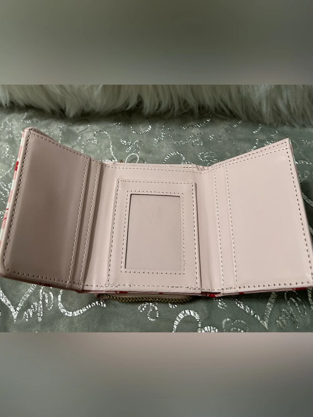 NWT Blush Kiss Size 4’x4’, Pink & White Stripe Cherry Wallet w/Gold Heart Accent